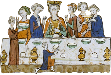 manuscript illumination from 1285 showing a king and courtiers feasting at a table