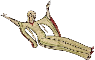 12th century manuscript illumination of a woman lying down with arms widespread and lifted up