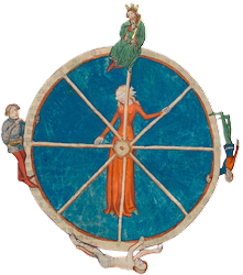 Wheel of fortune illumination with blindfolded Fortuna standing in the middle behind the wheel. a king seated on top of the wheel, to the right a man falling down the wheel, with one crushed 