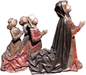 Wood sculpture from 1500. kneeling mother in hooded cloak with daughter and two sons kneeling behind her.