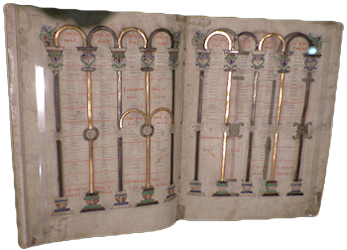 Open Evangeliary from 860 illuminated with gold shimmering columns