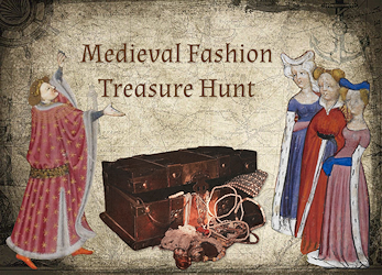 Medieval treasure hunt banner with open treasure chest in the middle that spills out jewellery and manuscript illuminated ladies and gentlemen to the left and right of it